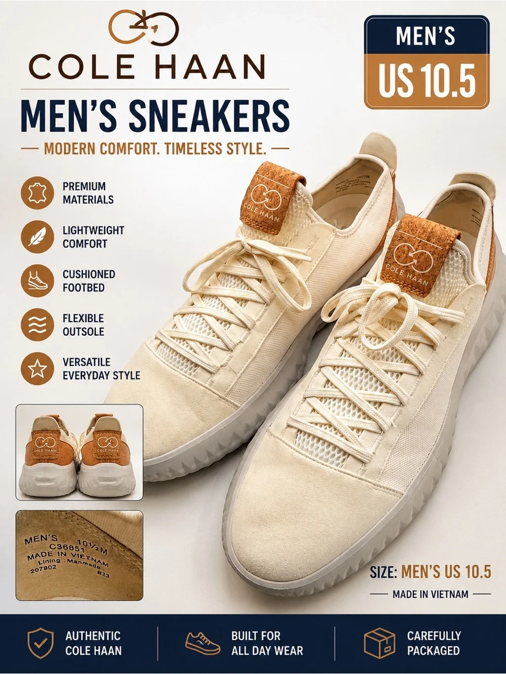 Cole Haan Men’s GrandMøtion Woven Sneakers Size 10.5 Cream Lightweight C36851